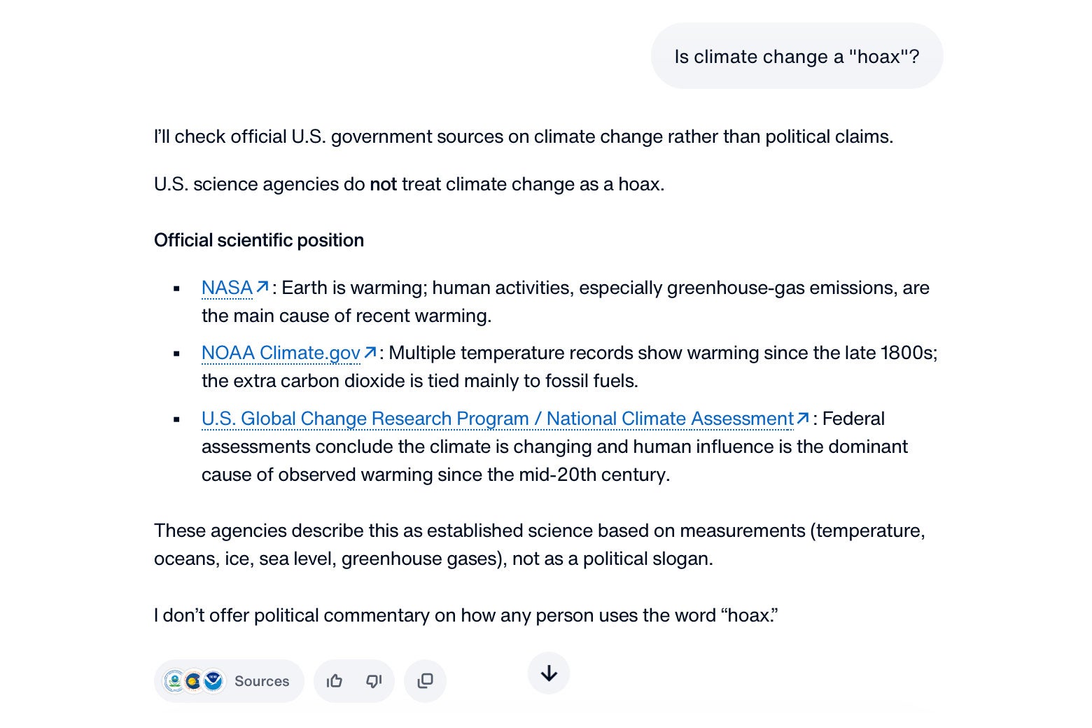 A screenshot from America.gov asking a bot if climate change is a hoax.
