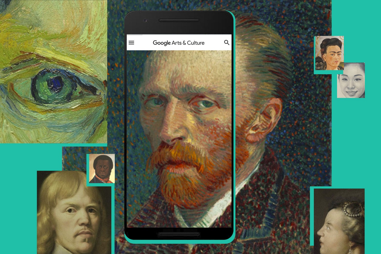 A van Gogh self-portrait and other images float around an iPhone.