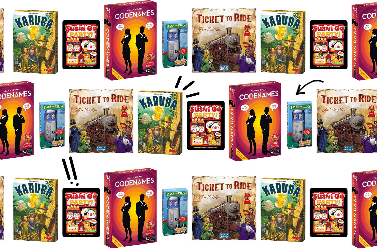 A collage of board game boxes featuring Ticket to Ride, Codenames, Karuba, and more.