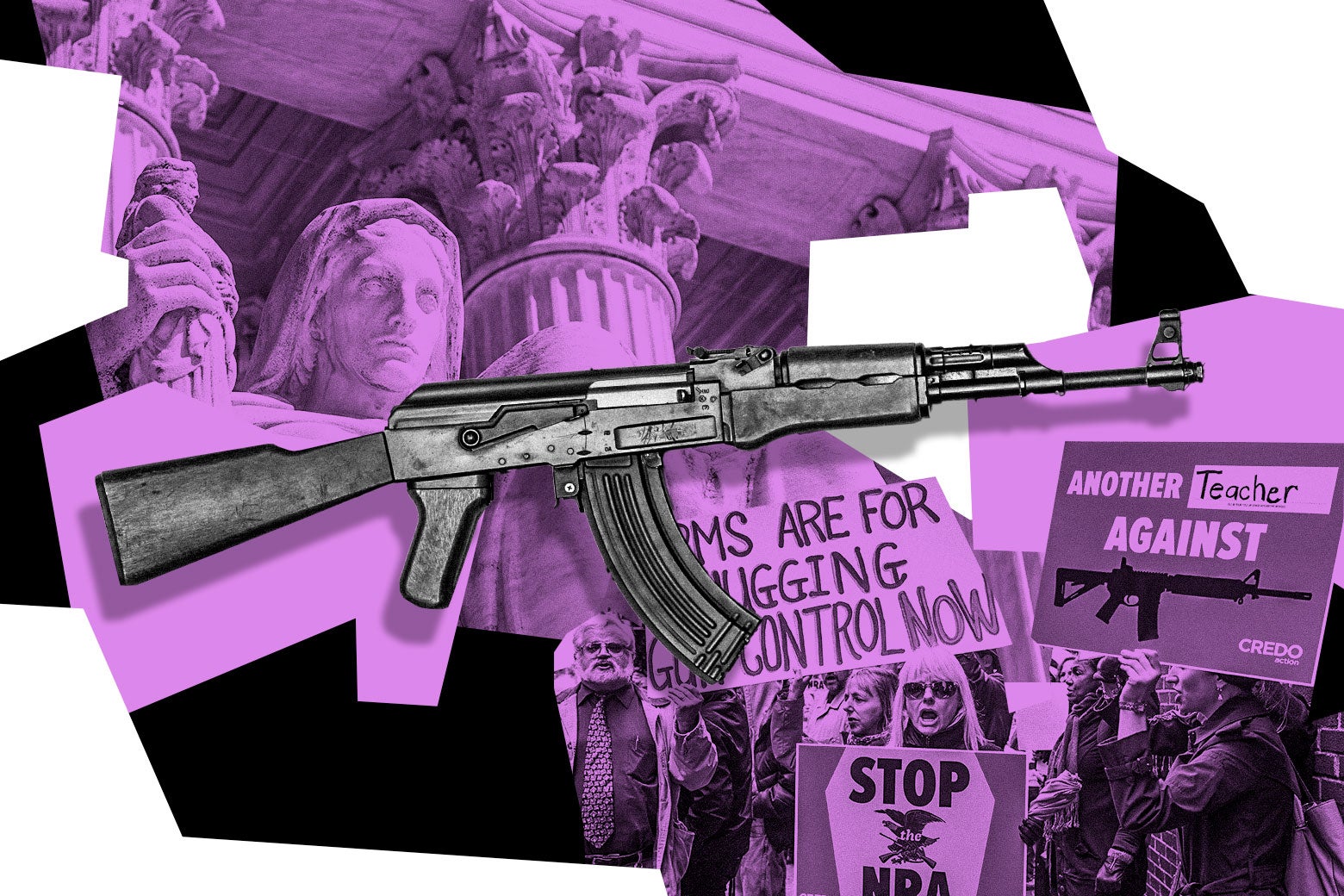 An editorial collage features a prominent grayscale assault rifle horizontally centered in the foreground. It is layered over purple-tinted backgrounds displayi