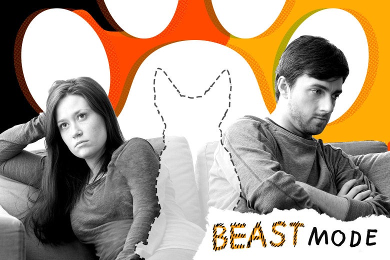 A man and woman sit on a couch with space between them, both looking away from each other. In between them is the outline of a dog.