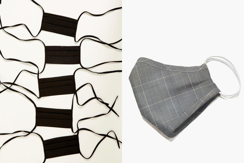 A split image of five simple black face masks on the left and a plaid face mask on the right