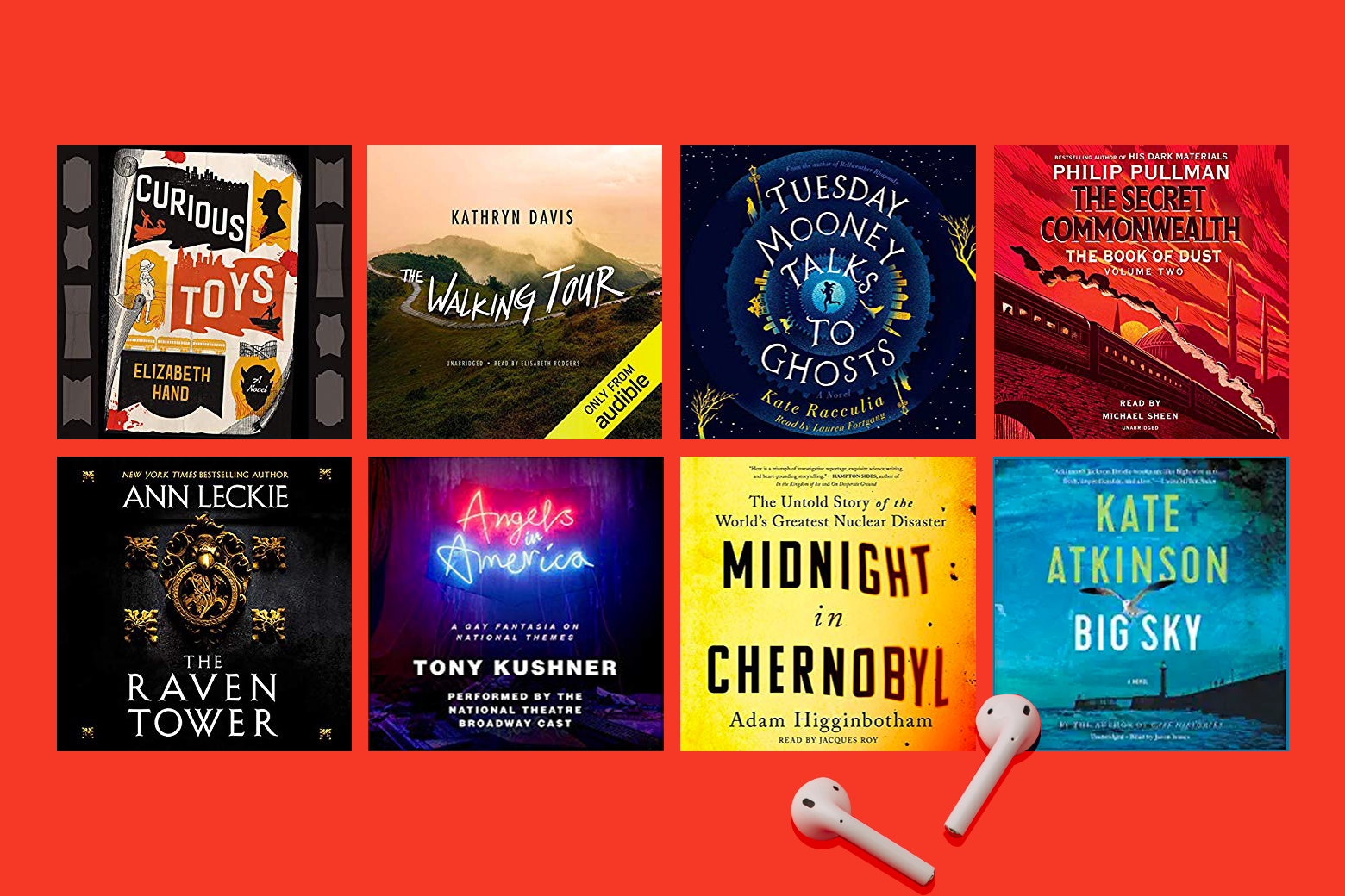 Audiobook covers for the books mentioned in this piece with a pair of AirPods sitting in front of them.