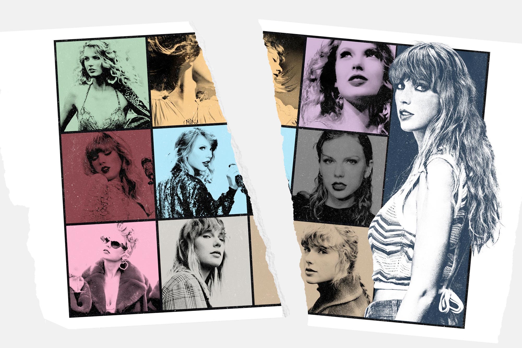 A colorful promotional image for Taylor Swift’s Eras tour shows the artist in a variety of different looks from over the years. Down the center, the image appears to be ripped violently in half.