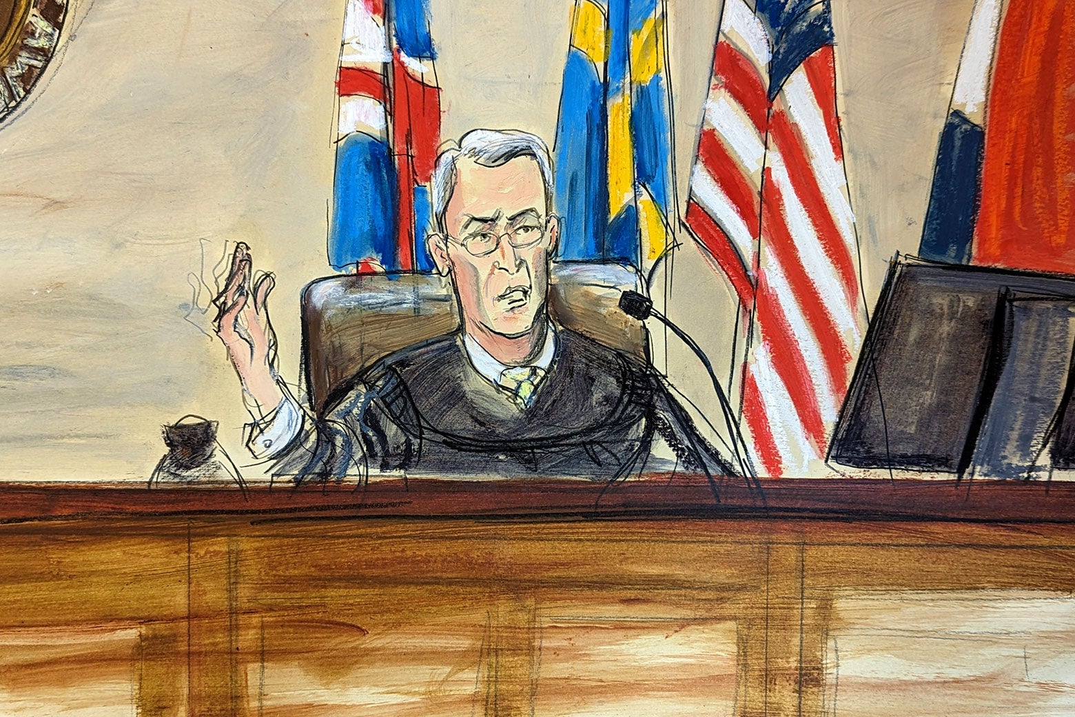 An artist sketch depicts Judge Eric Davis of Delaware Superior Court.