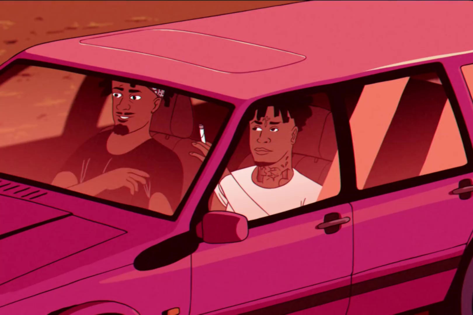 Animated versions of Metro Boomin and 21 Savage, sitting in a car, passing a joint.