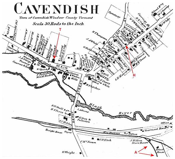1869 map of Cavendish, Vermont. (A) indicates two possible accident sites.
