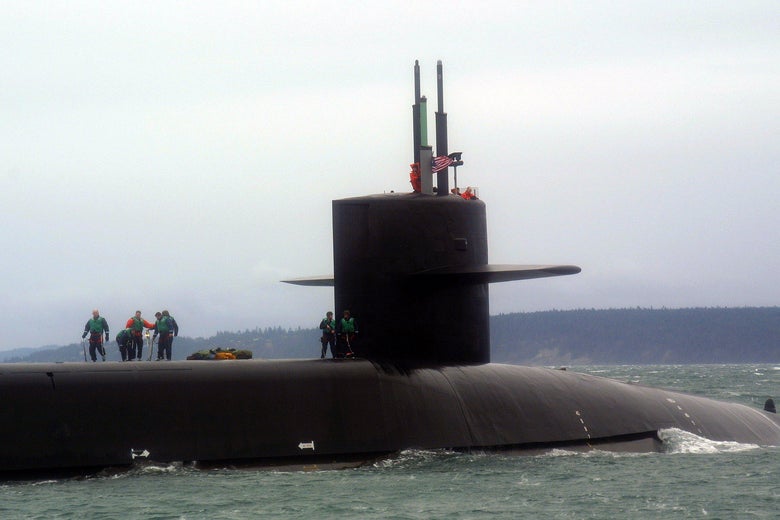 The USS Ohio submarine surfaced in the water in Puget Sound, Washington.