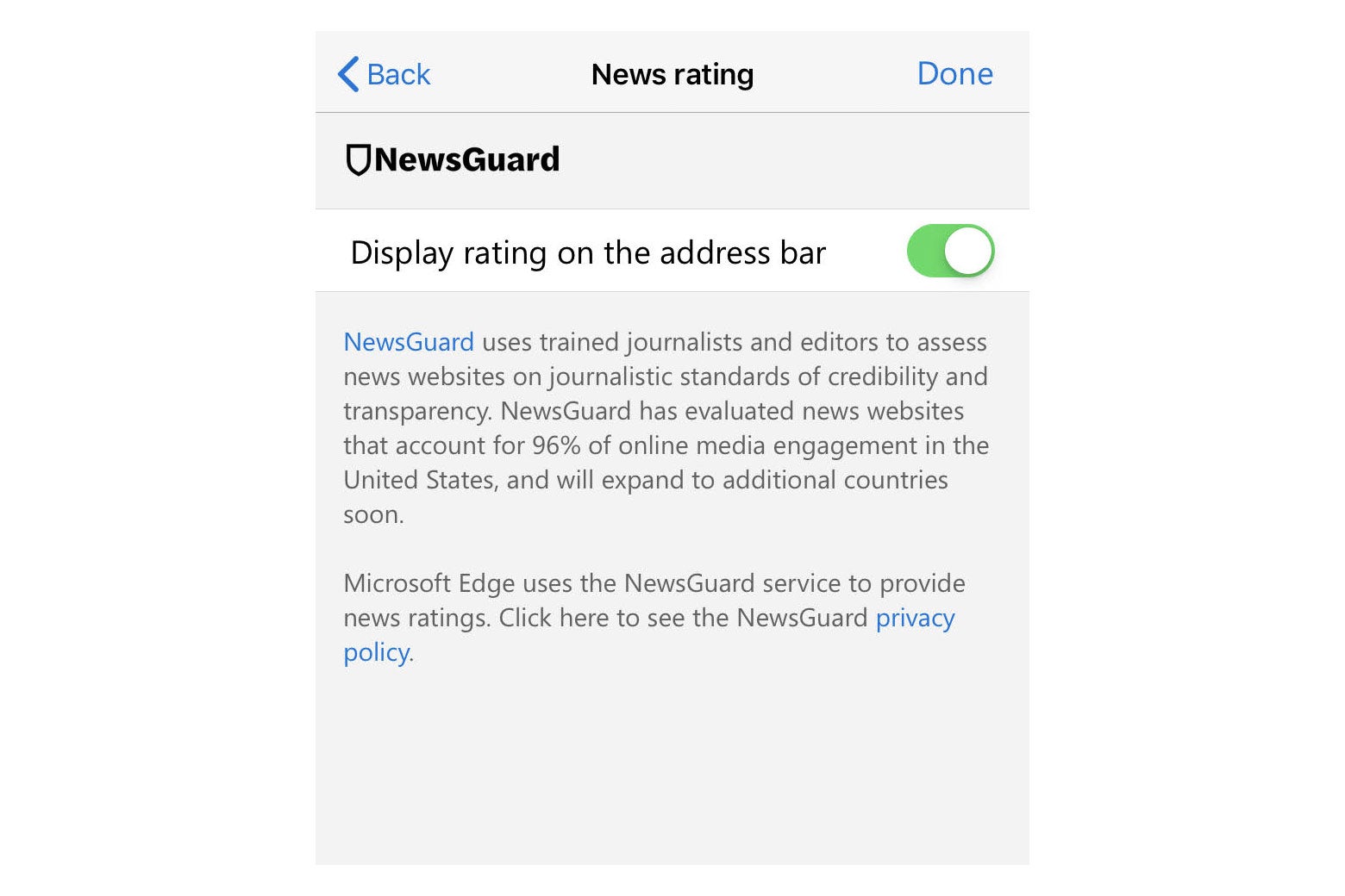 Phone settings allowing you to turn on NewsGuard extension