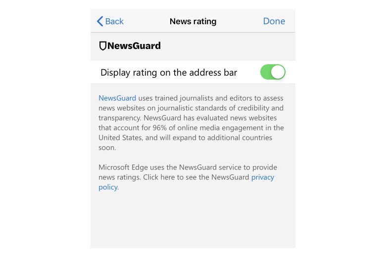 Phone settings allowing you to turn on NewsGuard extension