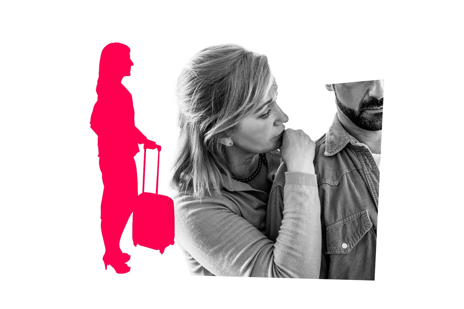 A woman looks worried hanging from a man's shoulder. A silhouette of another woman with a suitcase is beside them.