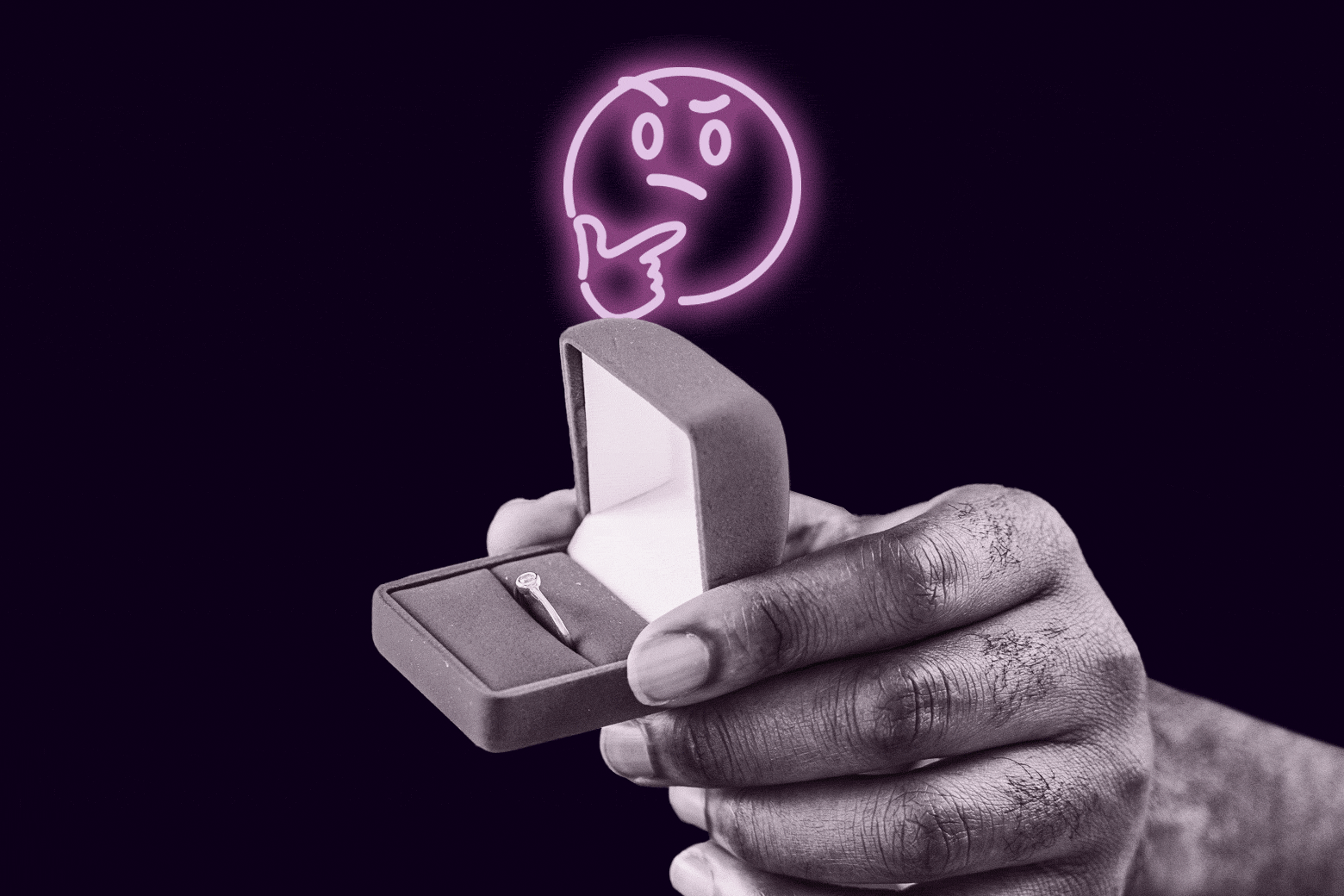 Man holding a box with an engagement ring and a thinking emoji floating behind it.