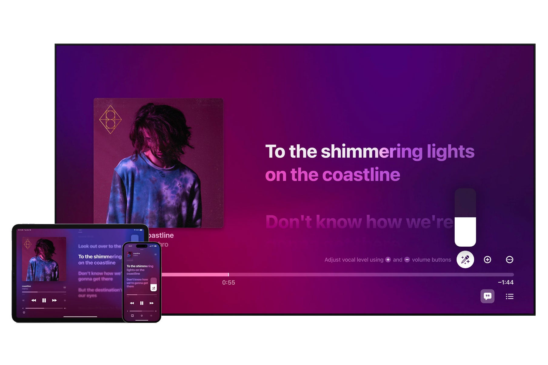 La publicité mauve foncée d'Apple pour Apple Music Sing.