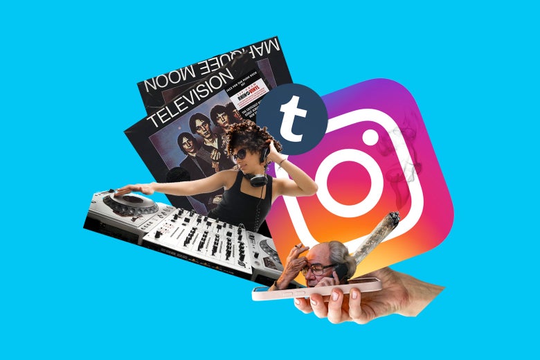 A phone with several images popping out of it, including an Instagram logo, a blunt, a woman DJing, and album covers.