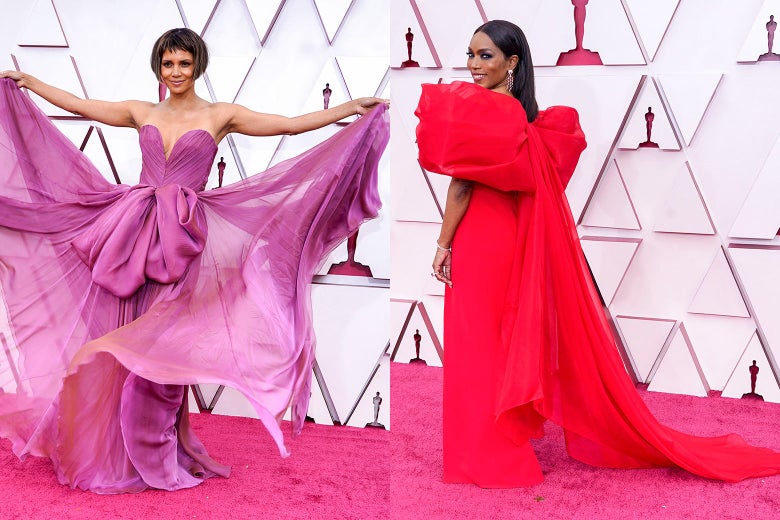 Halle Berry and Angela Bassett pose on the red carpet.