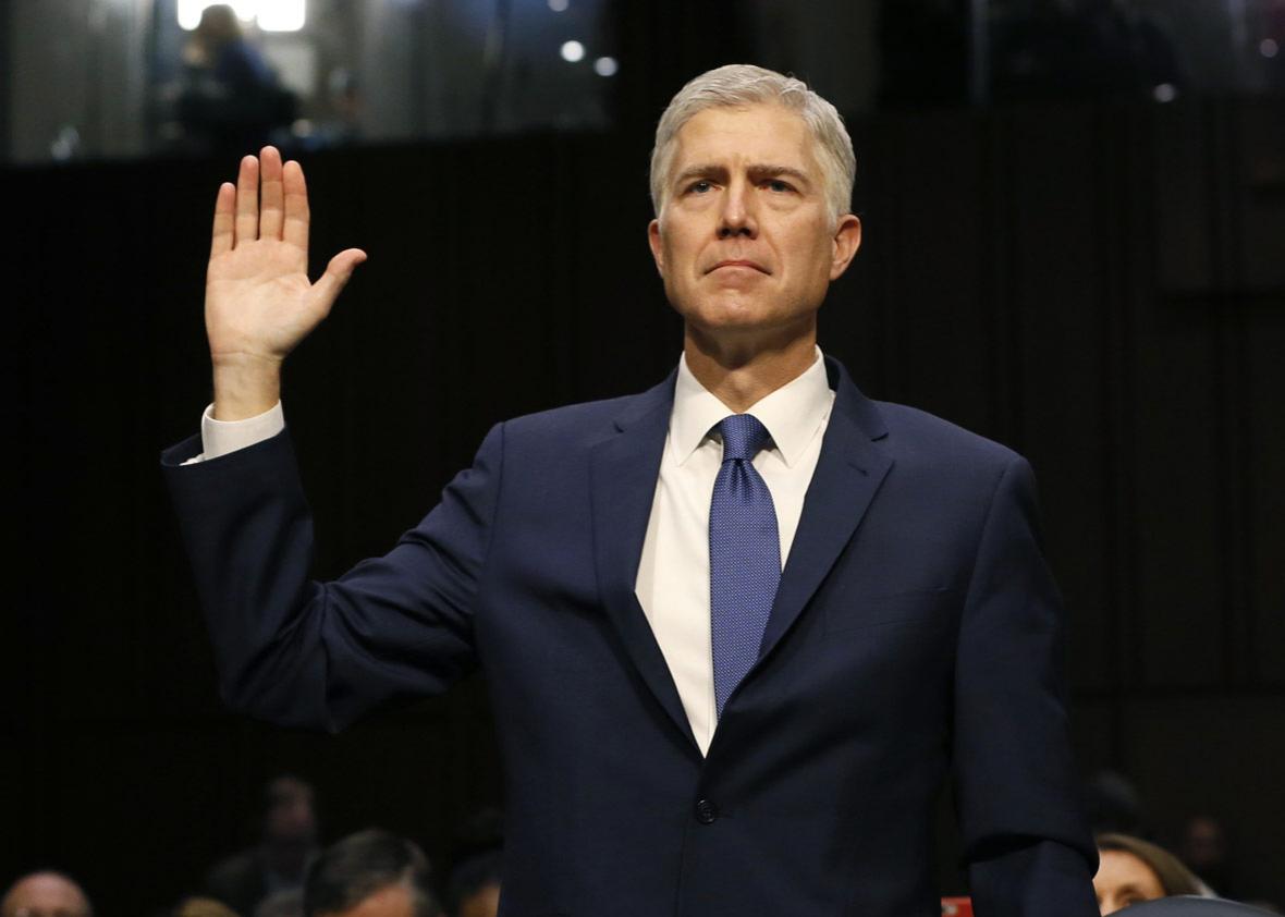 U.S. Supreme Court nominee judge Neil Gorsuch is sworn in to testify at his Senate Judiciary Committee confirmation hearing.