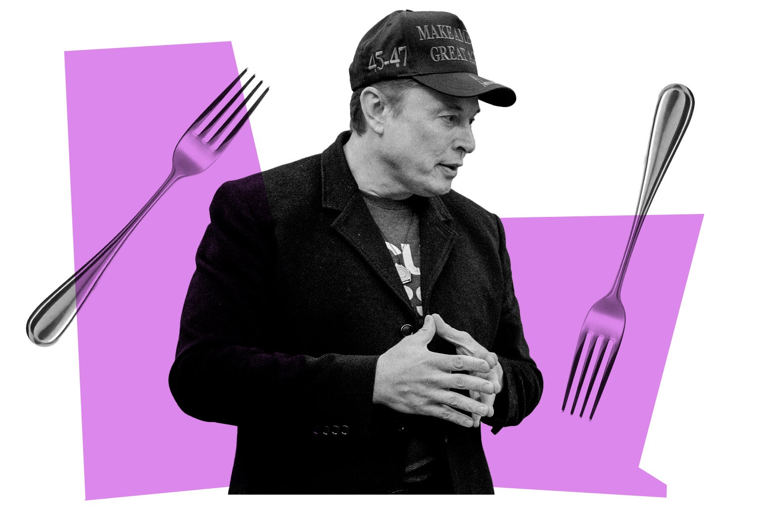 Elon Musk with forks on either side of him.