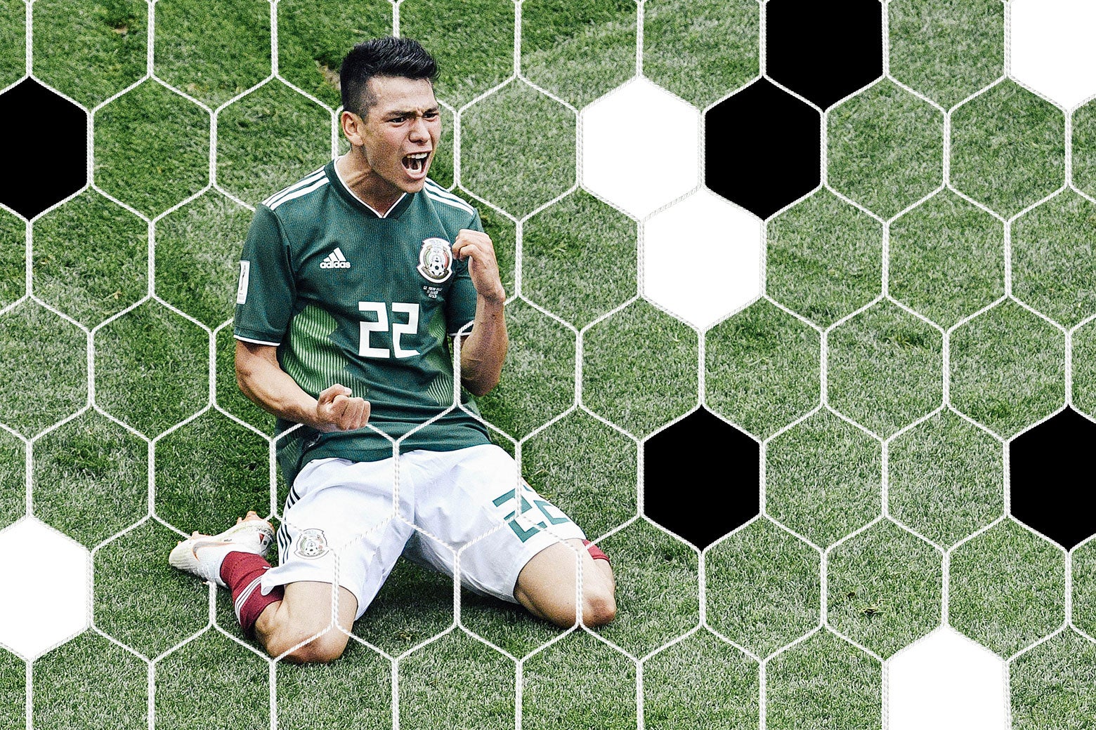 Hirving Lozano kneels on the pitch and pumps his fist in celebration.