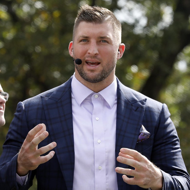 COLLEGE STATION, TEXAS - SEPTEMBER 21: Tim Tebow addresses the fans on the set of SEC Nation before the Auburn Tigers play the Texas A&M Aggies at Kyle Field on September 21, 2019 in College Station, Texas. (Photo by Bob Levey/Getty Images)