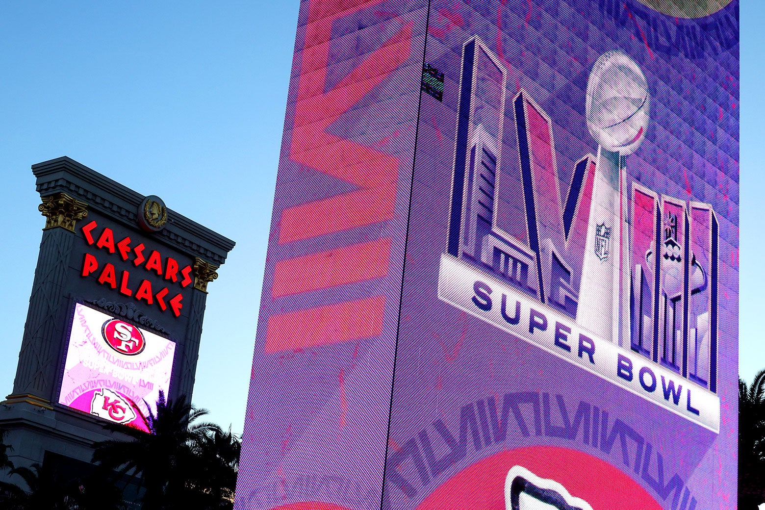 The marquees at Caesars Palace and Harrah's display Super Bowl LVIII signage in Las Vegas, Nevada. 