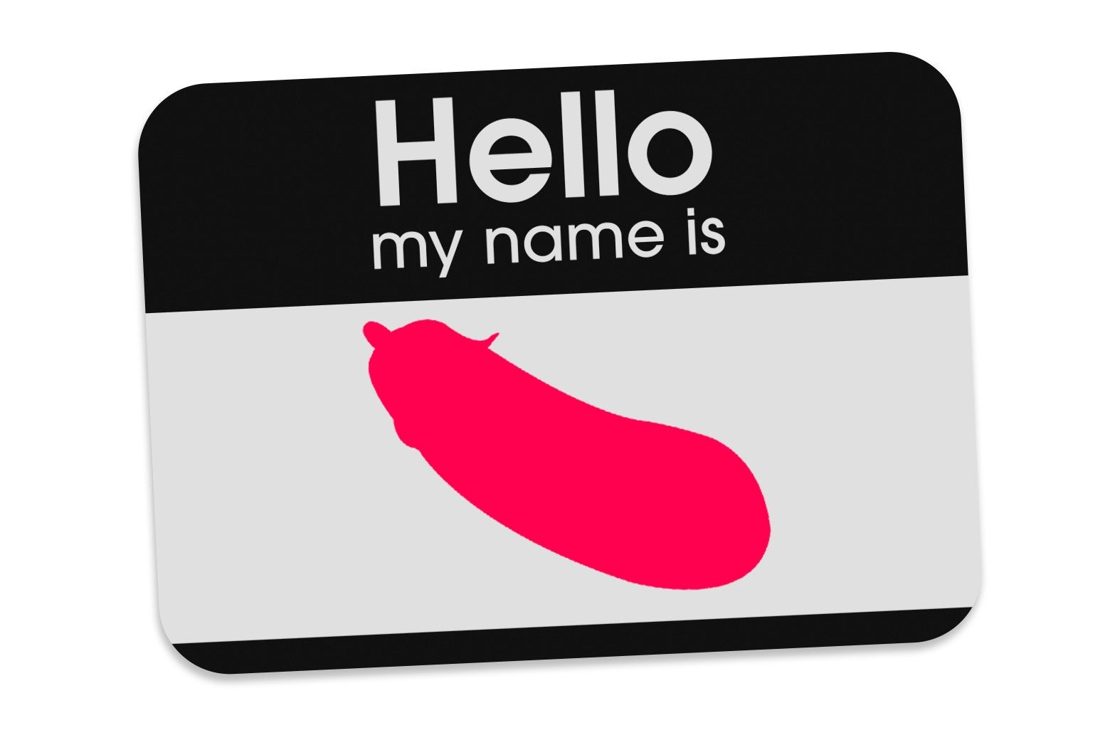 Hello name tag with a graphic of an eggplant on it.