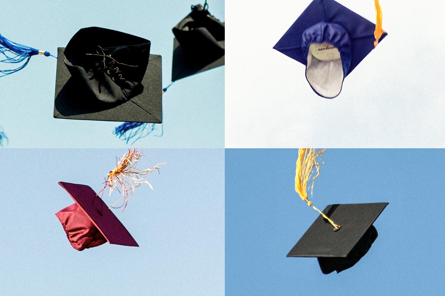 Four graduation caps have been tossed into the air.