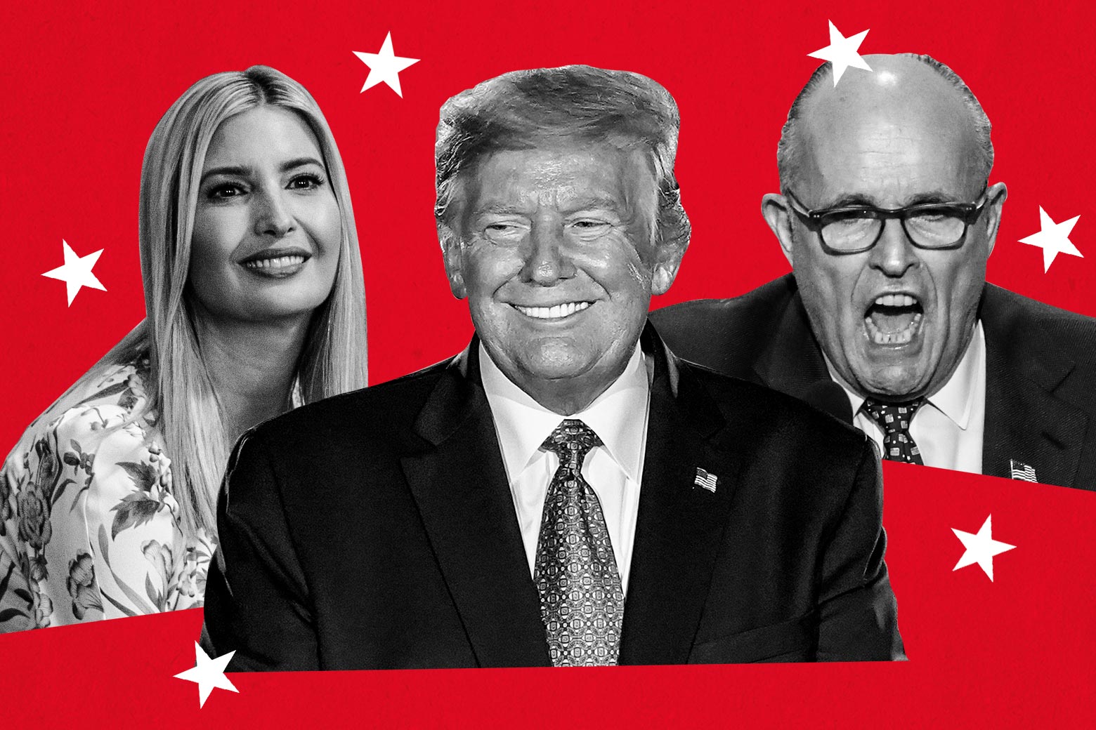 Ivanka Trump, Donald Trump, and Rudy Giuliani seen against a red background surrounded by white stars.