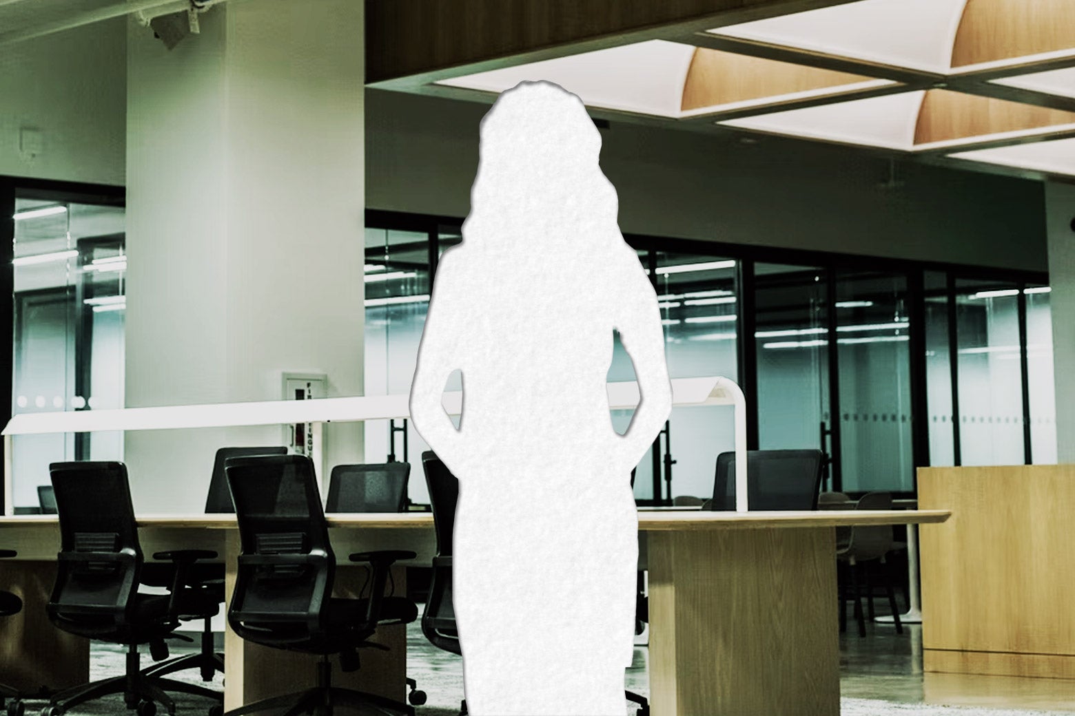 A generic conference room in which the image of a woman standing in front of the conference table has been replaced with a white silhouette cutut. 