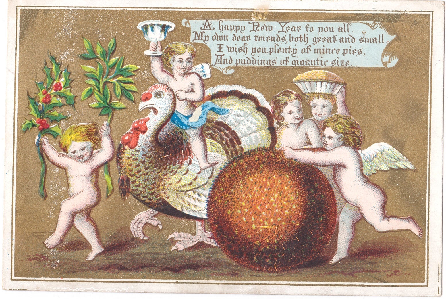 Illustration of cherubs cavorting around a turkey with holly, a pie, and a goblet