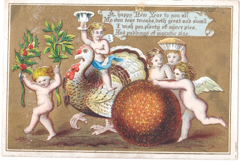 Illustration of cherubs cavorting around a turkey with holly, a pie, and a goblet