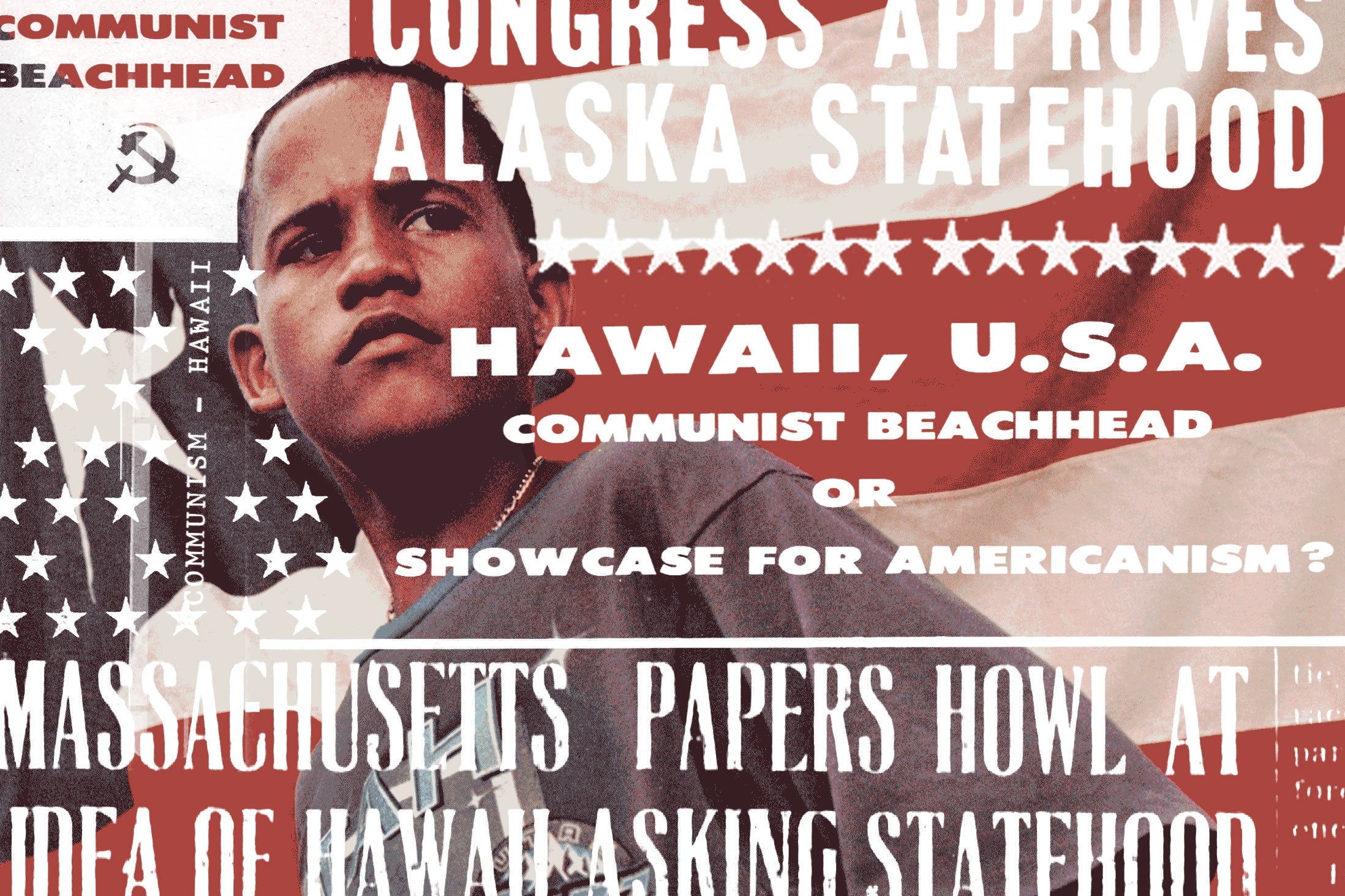 Boy standing in front of Puerto Rican flag, overlaid with headlines from tearsheets from prejudicial media coverage of Hawaiian and Alaskan statehood.