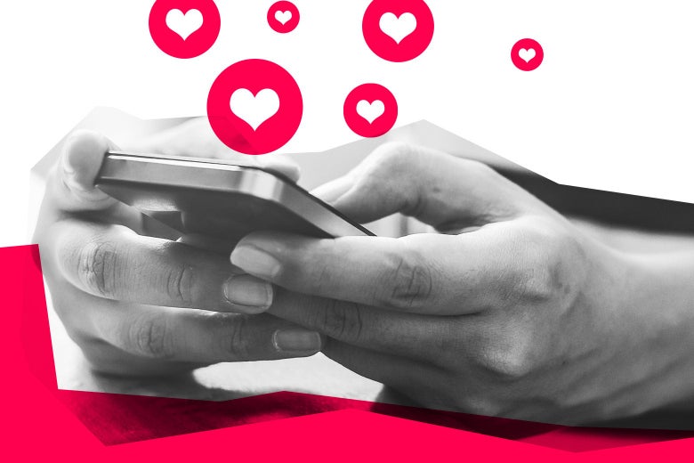 Man's hand on a smartphone surrounded by heart like icons.