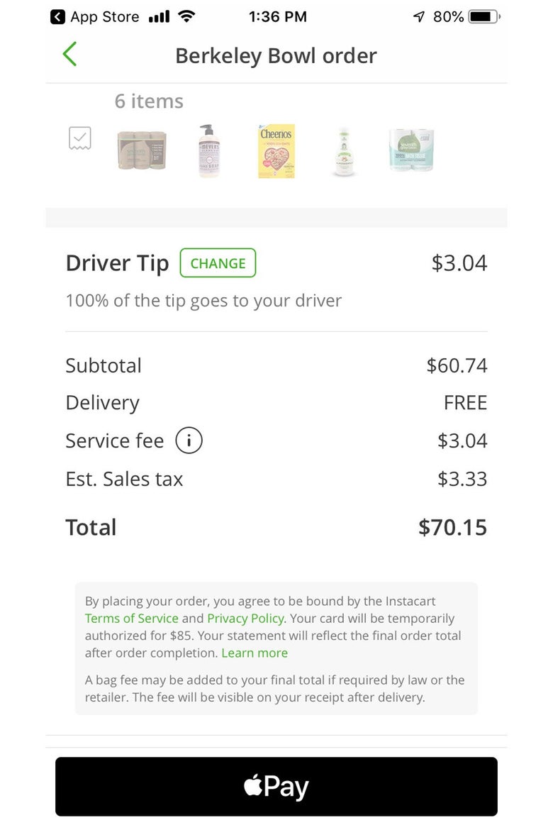 screenshot of April Glaser's example transaction: Instacart suggests a $3.04 tip on a $60.74 subtotal order, not offering an obvious percentage. There is also a $3.04 service fee listed.