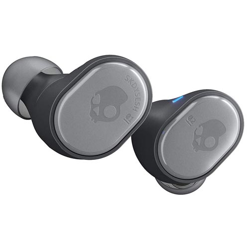 Black earbuds with the Skullcandy logo on them.