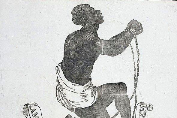 A woodcut from the 1837 broadside publication of John Greenleaf Whittier's antislavery poem, “Our Countrymen in Chains.”