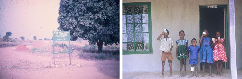 The sign at the entrance to BLS (Benue Leprosy Settlement). Even as a child, I remember this sign well. I spent my summers in and around the hospital, so we drove past it almost every day (l). Children outside a Benue Leprosy Settlement building.