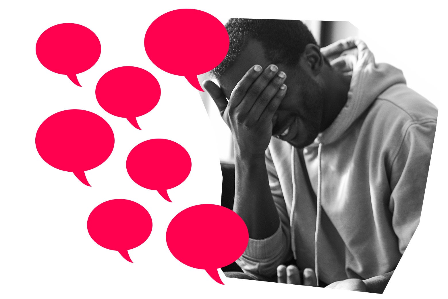 Graphics of a few speech bubbles, and a man covering up his face with his hand.