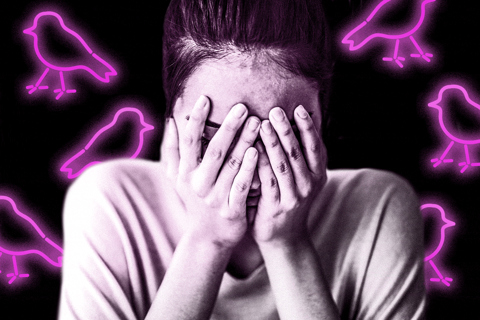 Photo illustration of a woman covering her face in front of neon birds.