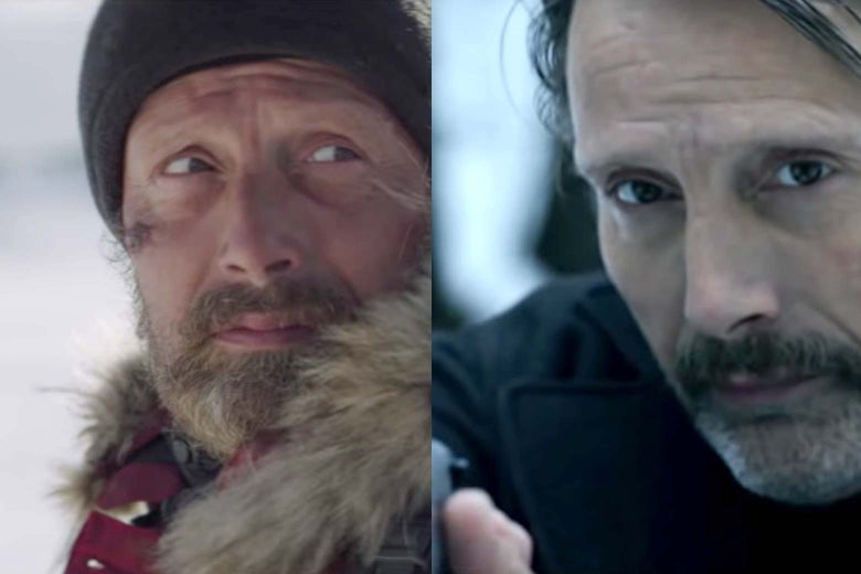 Mads Mikkelsen wears a hat and beard in Arctic. Mads Mikkelsen holds a gun in Polar.
