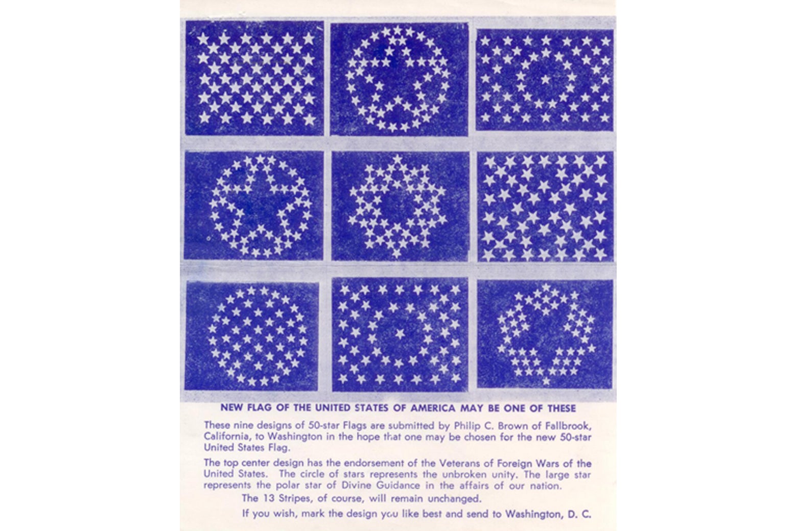 Nine possible arrangements of 50 stars on a blue background for the new flag.