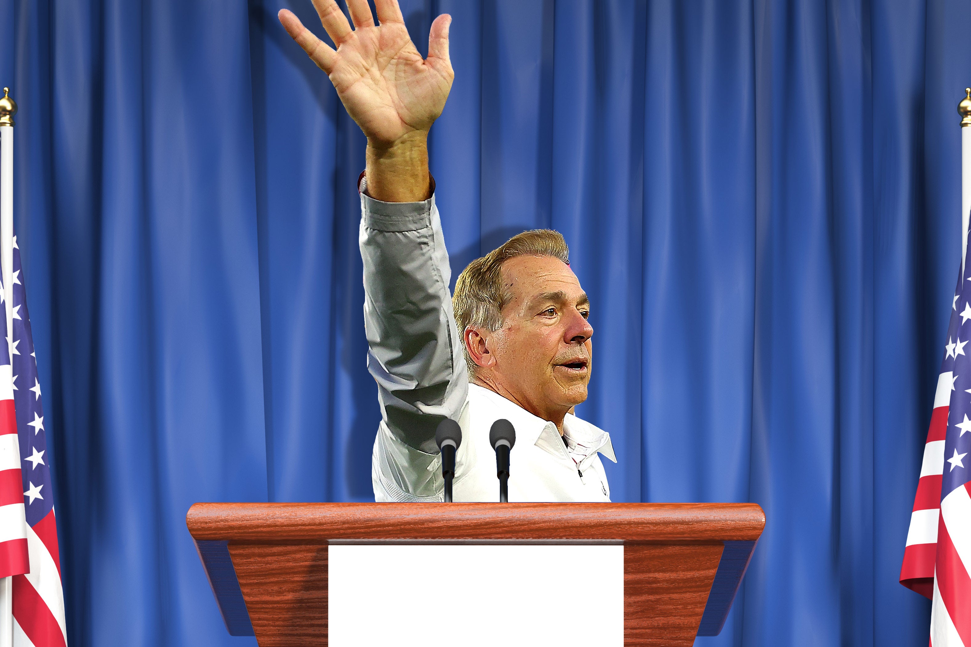 Nick Saban waving from a campaign podium.