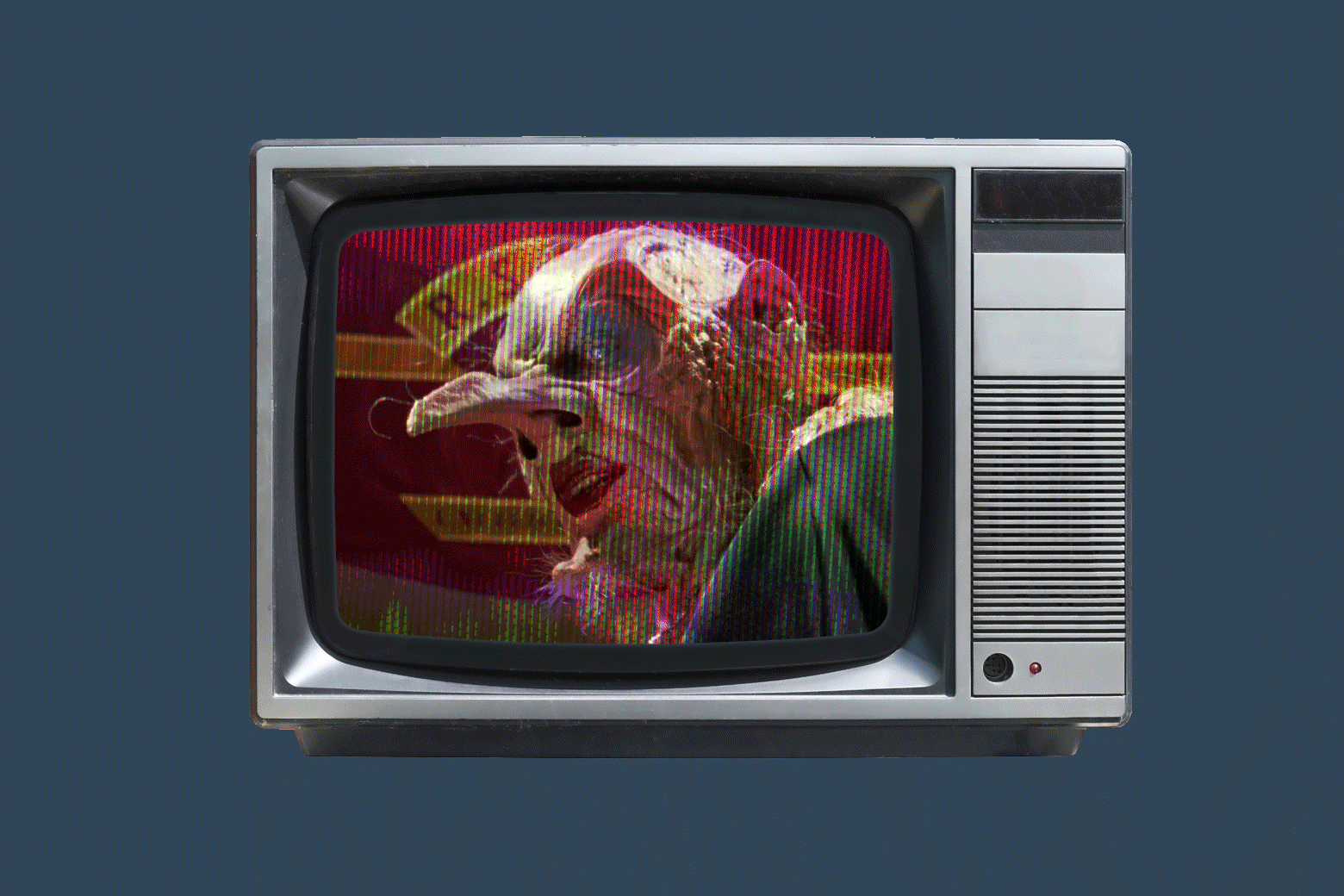A 1980s-era television with an animated screen that changes from a test pattern to stills from The Witches and Who Framed Roger Rabbit