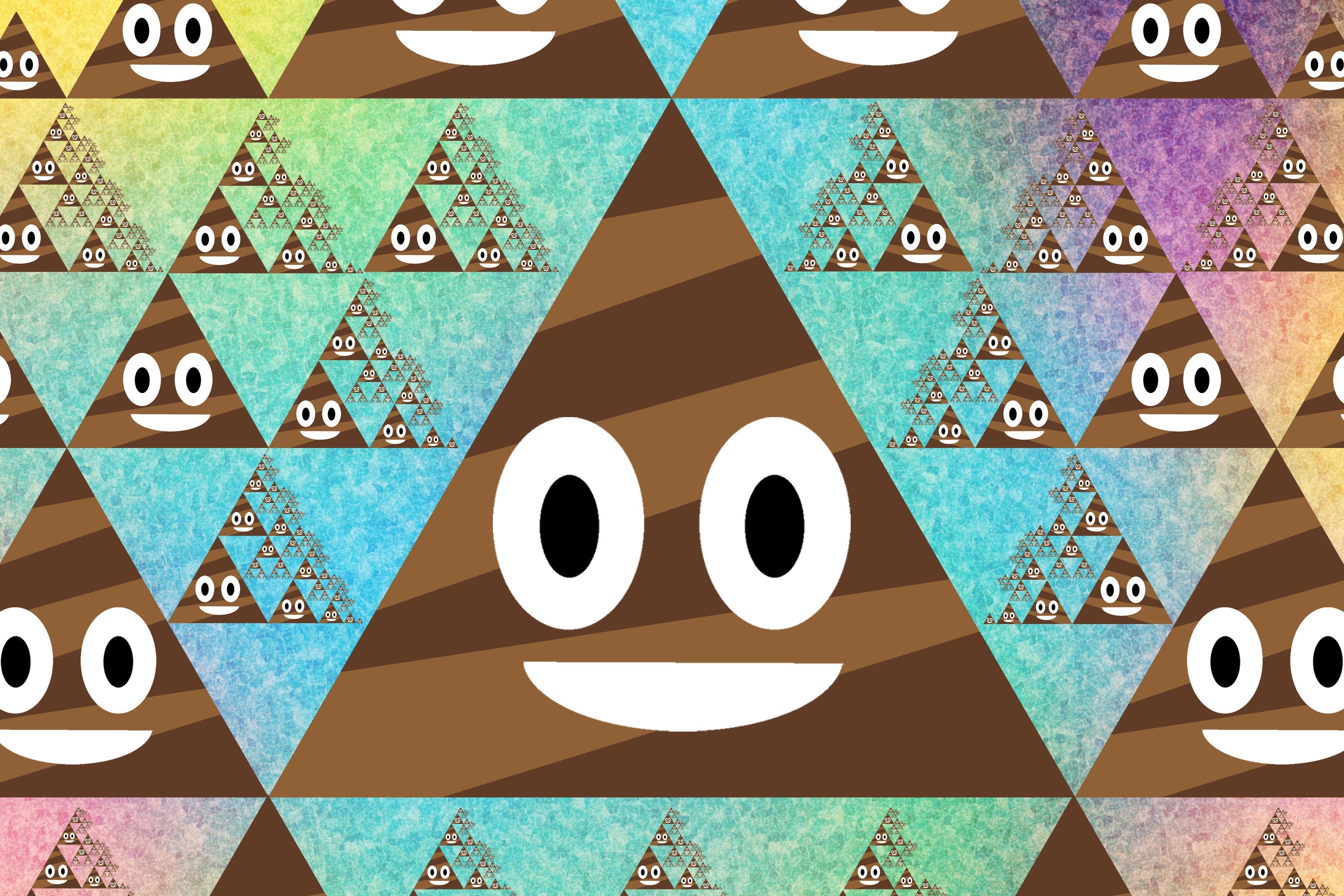 Smiling triangular poop images in a repeating pattern.