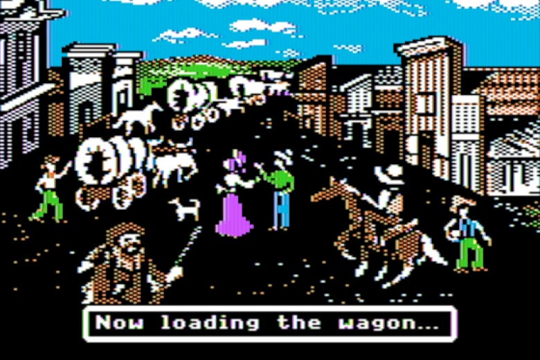 Oregon Trail game screenshot of townspeople and covered wagons in an Old West street.
