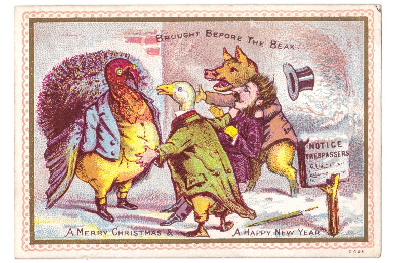 A duck and a pig hold a man by the neck and shout at a gentleman turkey next to a sign that says "Notice Trespassers"