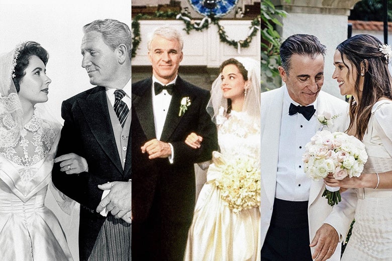 Stills from the 1950, 1991, and 2022 versions of the movie, showing each movie's father beside his daughter on her wedding day.
