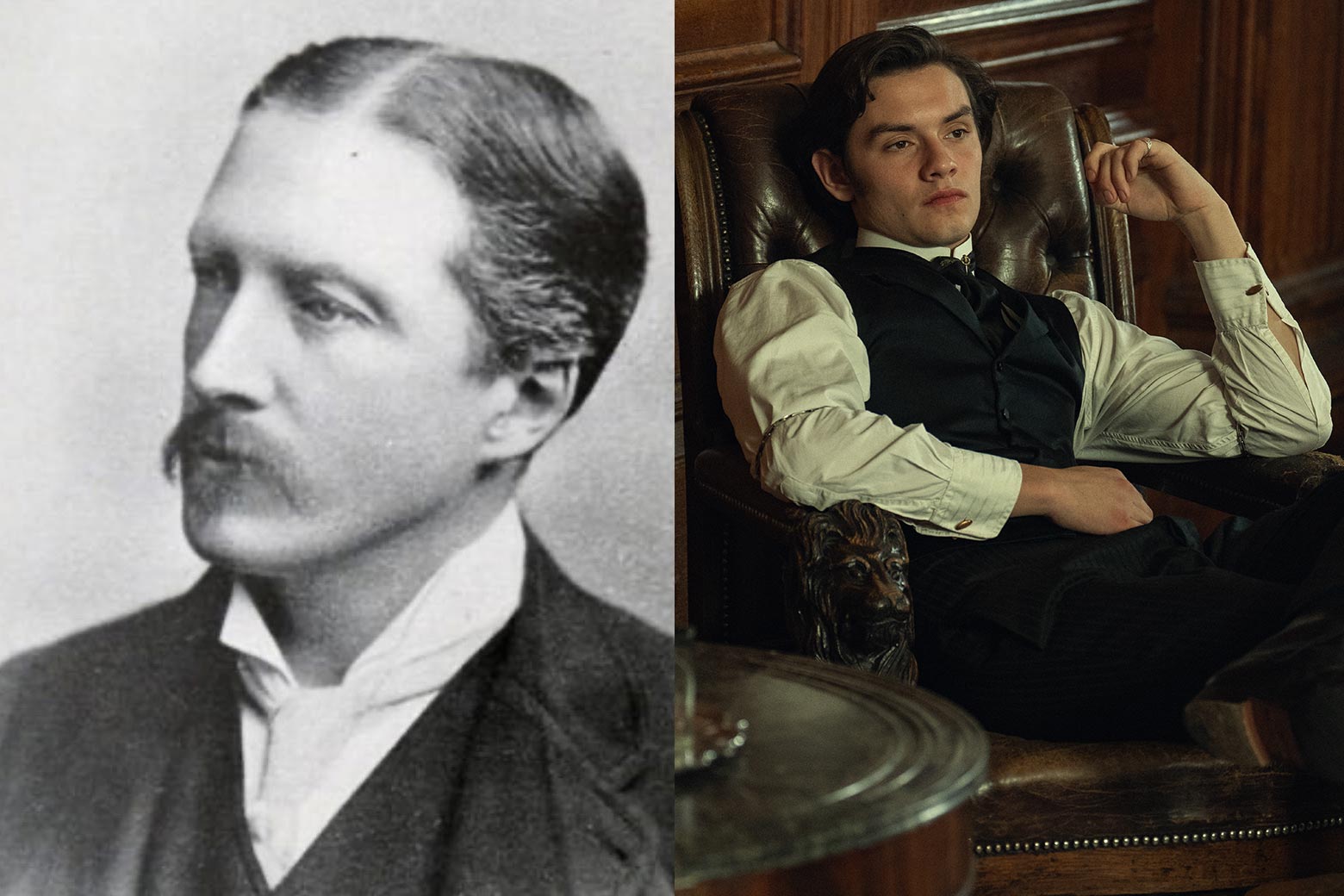 Edward Guinness ve Louis Partridge, diziden bir sahnede Edward Guinness rolünde.