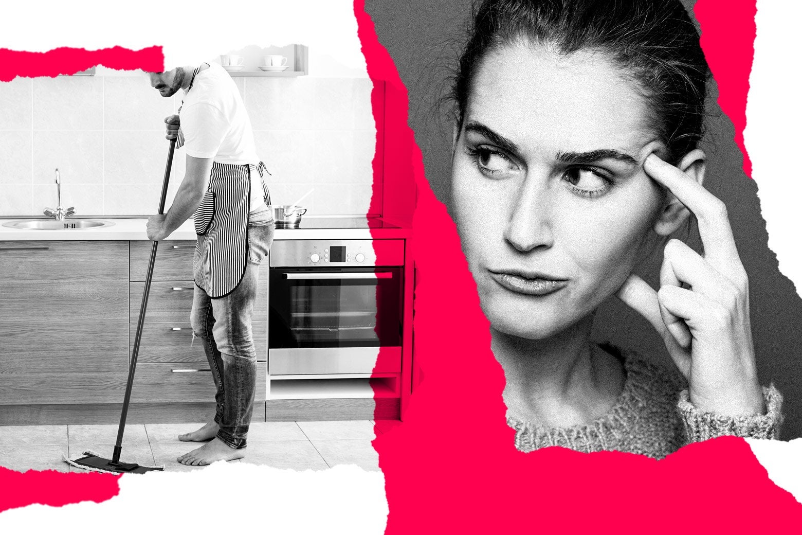 A man mops the kitchen floor. A woman looks annoyed.