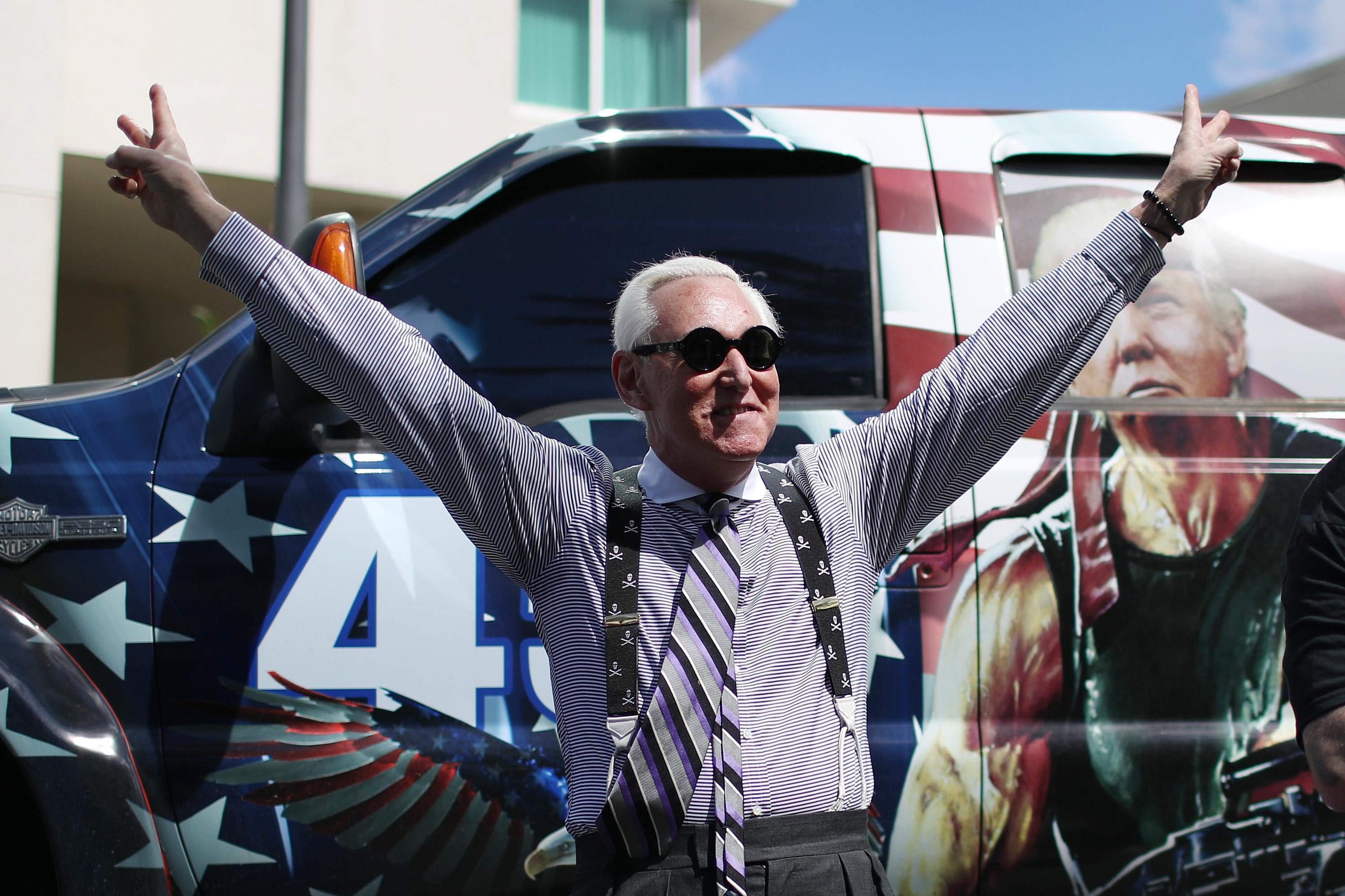 Roger Stone arrives for the Conservative Political Action Conference held in the Hyatt Regency on February 27, 2021 in Orlando, Florida.