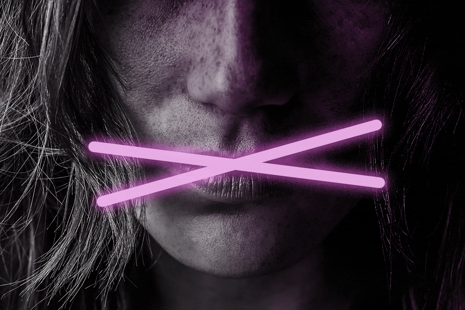 A woman with an X over her mouth. 